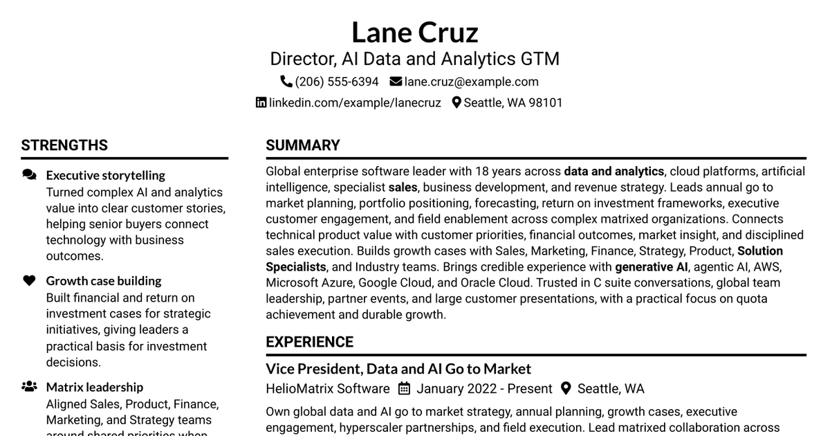 7 Director, AI Data & Analytics GTM Resume Templates with Example