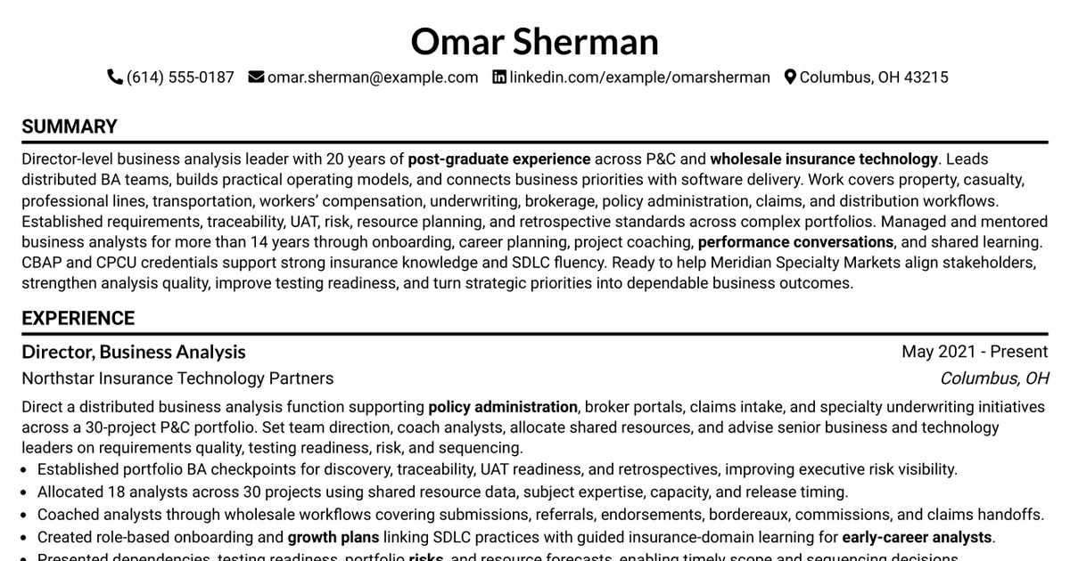 33 Director, Business Analysis Resume Templates with Example 2026 (ATS-Optimized)