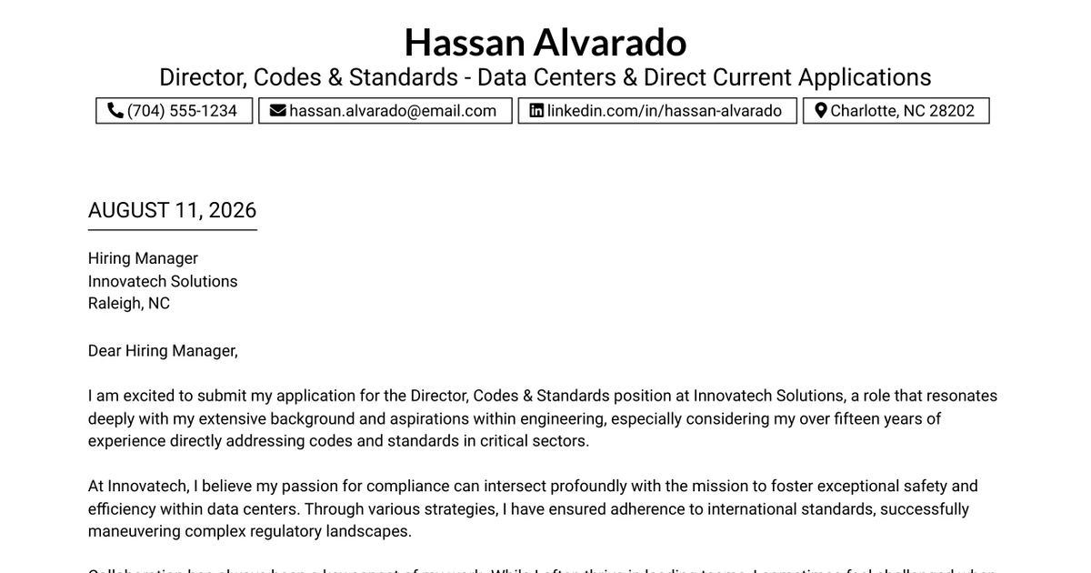 30+ Director, Codes & Standards - Data Centers & Direct Current Applications Cover Letter Templates with Example 2026