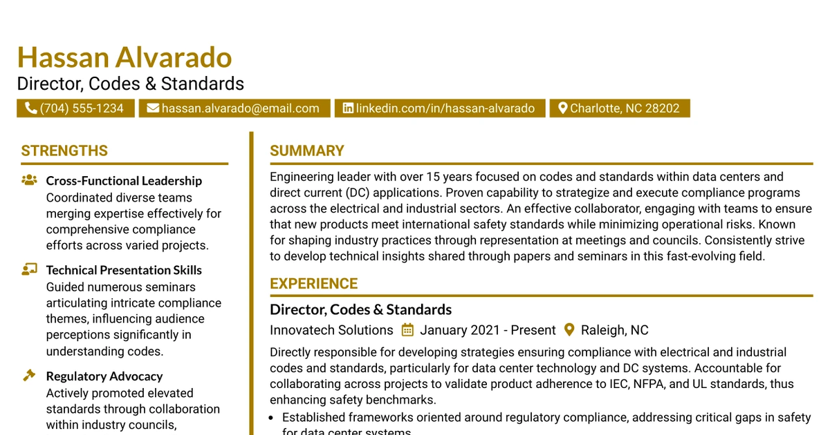 33 Director, Codes & Standards - Data Centers & Direct Current Applications Resume Templates with Example 2026 (ATS-Optimized)