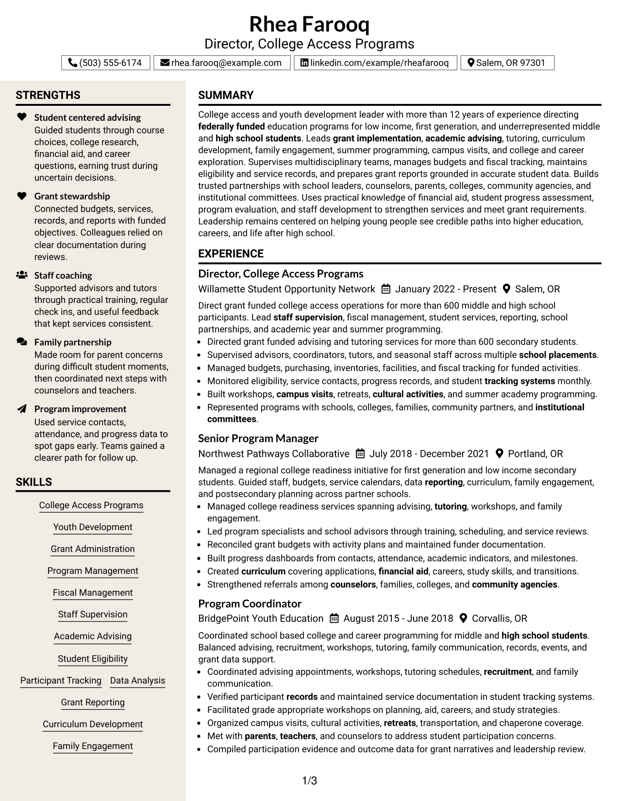Resume Example Page 1