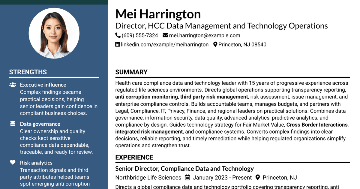 7 Director, HCC Data Mgmt. & Tech Ops Resume Templates with Example