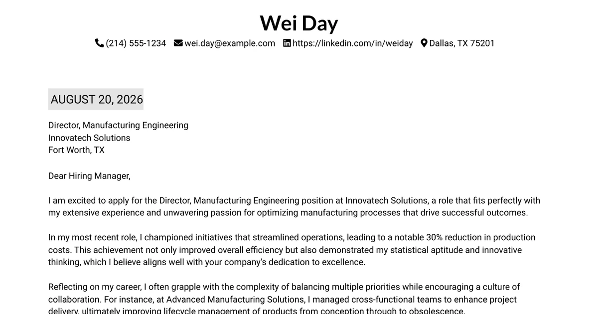 30+ Director, Manufacturing Engineering Cover Letter Templates with Example 2026