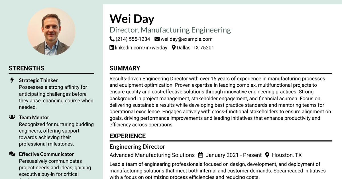 33 Director, Manufacturing Engineering Resume Templates with Example 2026 (ATS-Optimized)