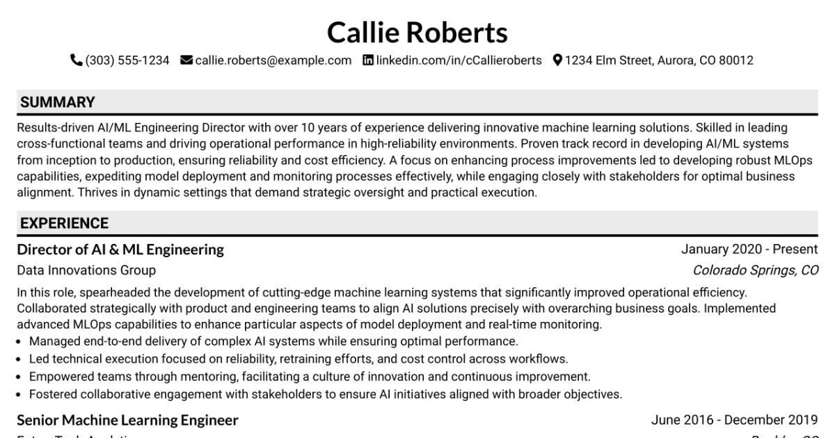33 Director of AI & ML Engineering Resume Templates with Example 2026 (ATS-Optimized)