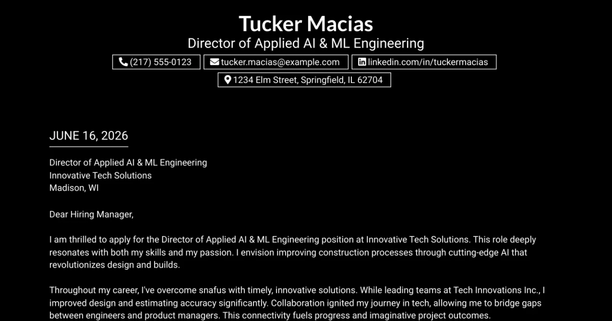 30+ Director of Applied AI & ML Engineering Cover Letter Templates with Example 2026
