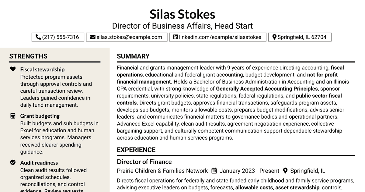7 Director of Business Affairs for Head Start Resume Templates with Example