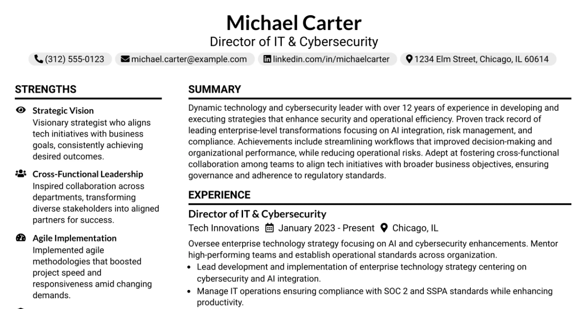 33 Director of IT & Cybersecurity Resume Templates with Example 2026 (ATS-Optimized)