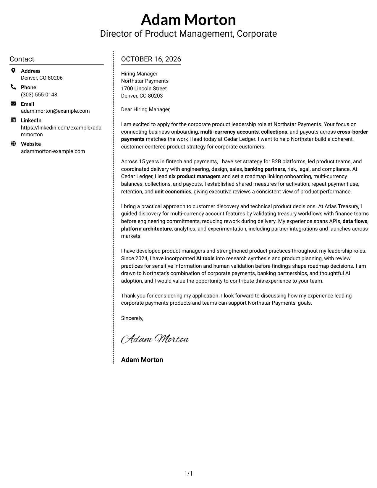 Cover letter example — page 1