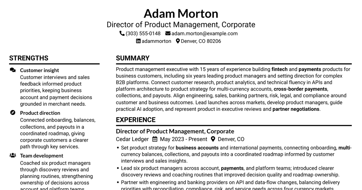 7 Director of Product Management - Corporate Payments Resume Templates with Example