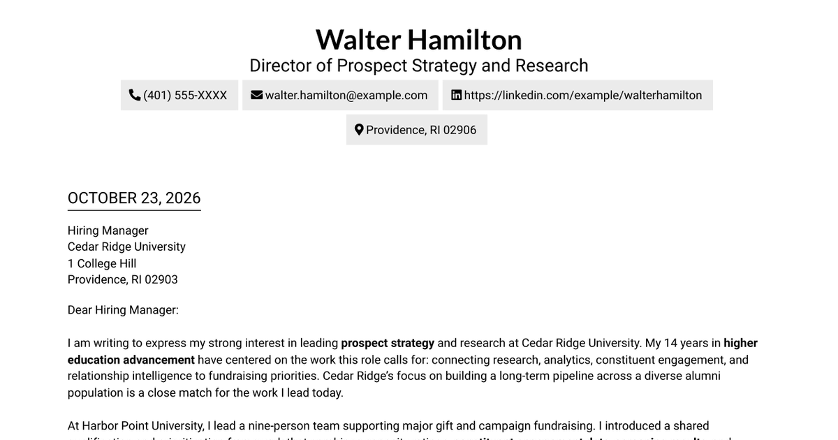 7 Director of Prospect Strategy and Research - Alumni Advancement Cover Letter Templates with Example