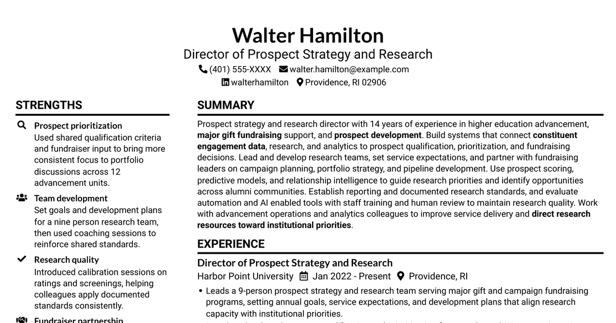 7 Director of Prospect Strategy and Research - Alumni Advancement Resume Templates with Example