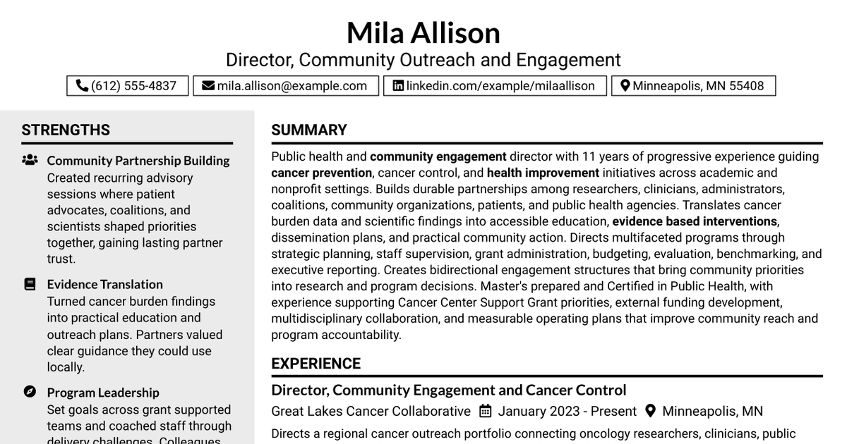 7 Director, Office of Community Outreach and Engagement Resume Templates with Example