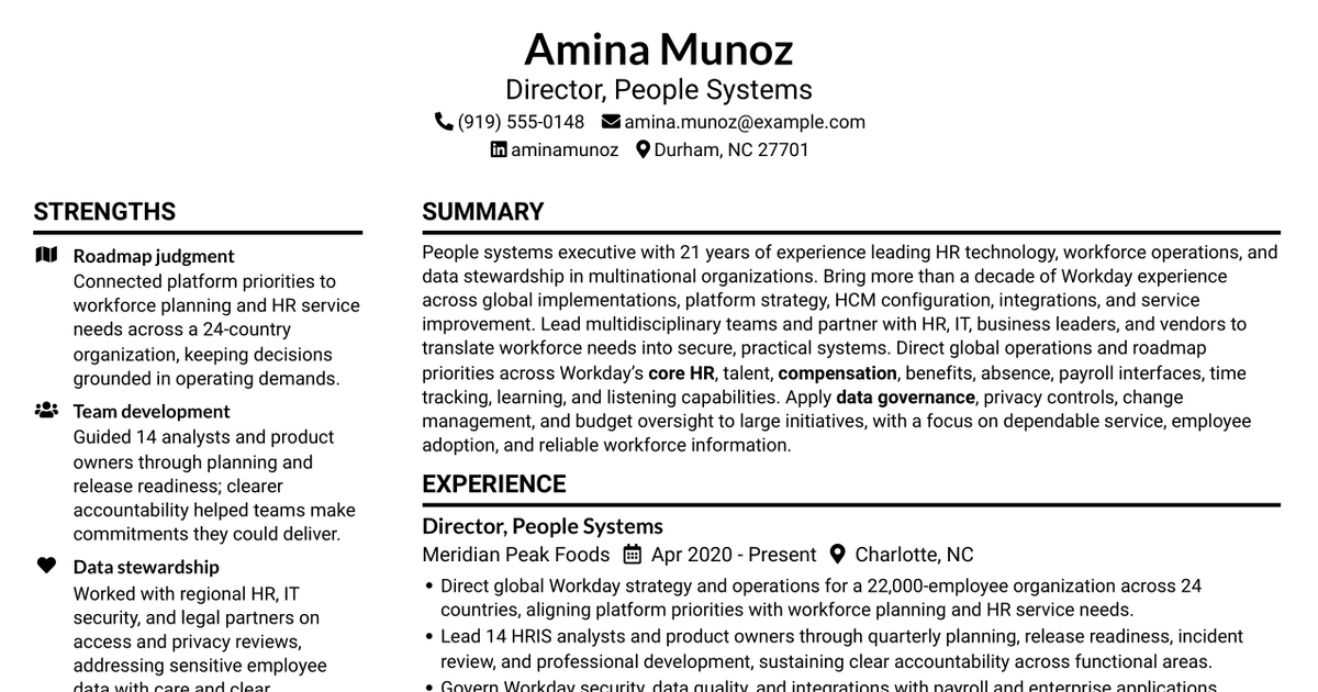 7 Director, People Systems - Workday HRIS Resume Templates with Example