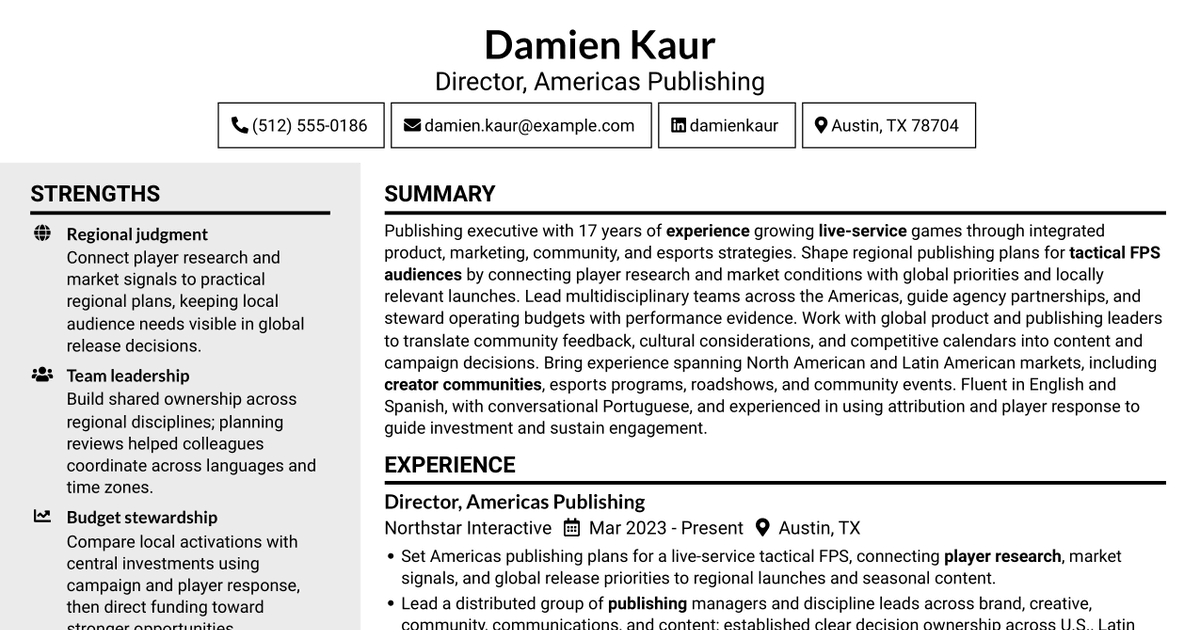 7 Director, Publishing Product Management - Tactical FPS Resume Templates with Example
