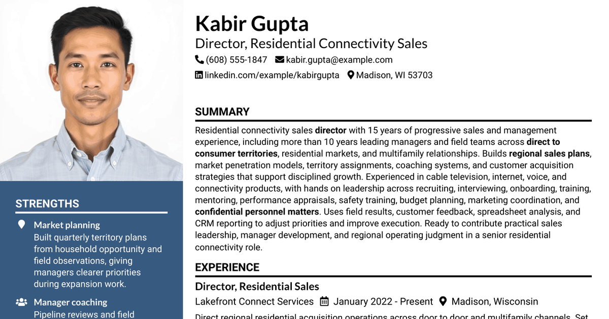 7 Director, Residential Connectivity Sales Resume Templates with Example