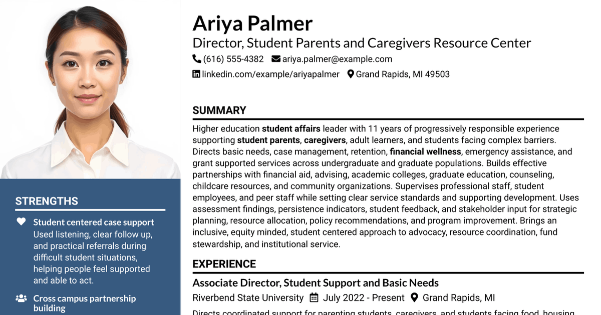 7 Director - Student Parents and Caregivers Resource Center Resume Templates with Example