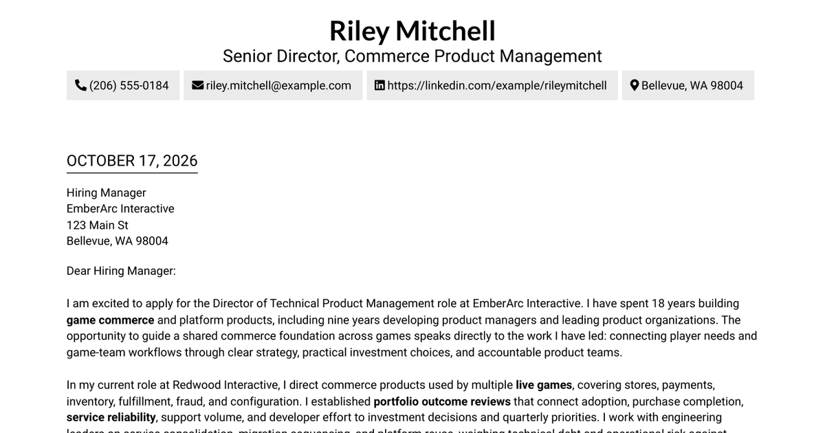 7 Director, Technical Product Management - Commerce Cover Letter Templates with Example