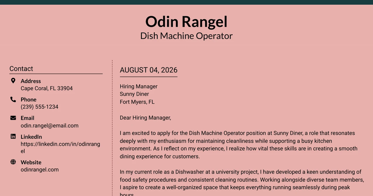 30+ Dish Machine Operator Cover Letter Templates with Example 2026