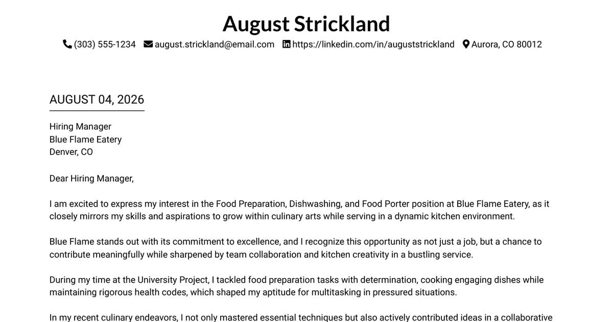 30+ Dishwasher, Food Porter and Prep Cook Cover Letter Templates with Example 2026