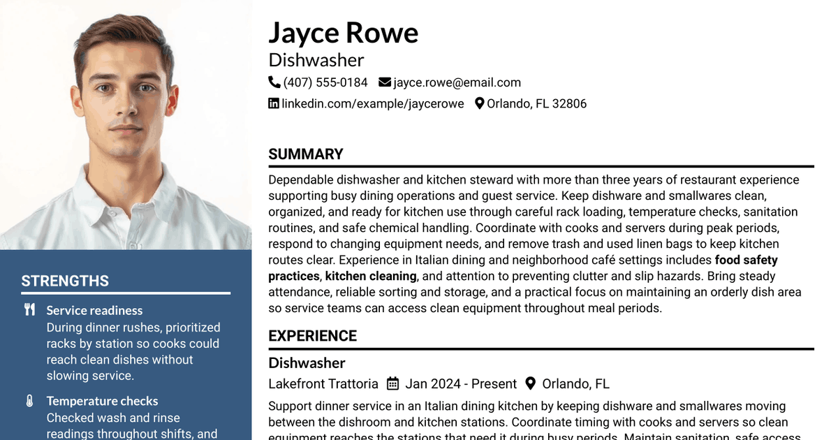 7 Dishwasher - Kitchen Sanitation Resume Templates with Example