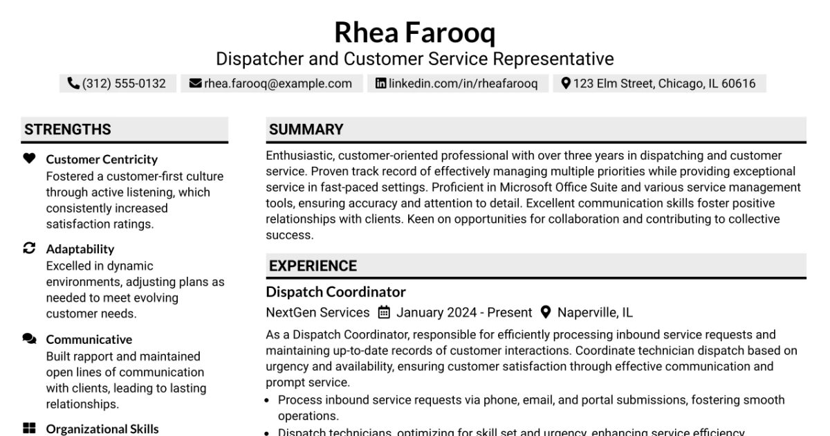 33 Dispatcher and Customer Service Representative Resume Templates with Example 2026 (ATS-Optimized)