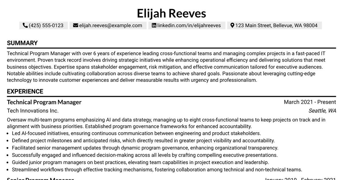 33 Distinguished Technical Program Manager Resume Templates with Example 2026 (ATS-Optimized)