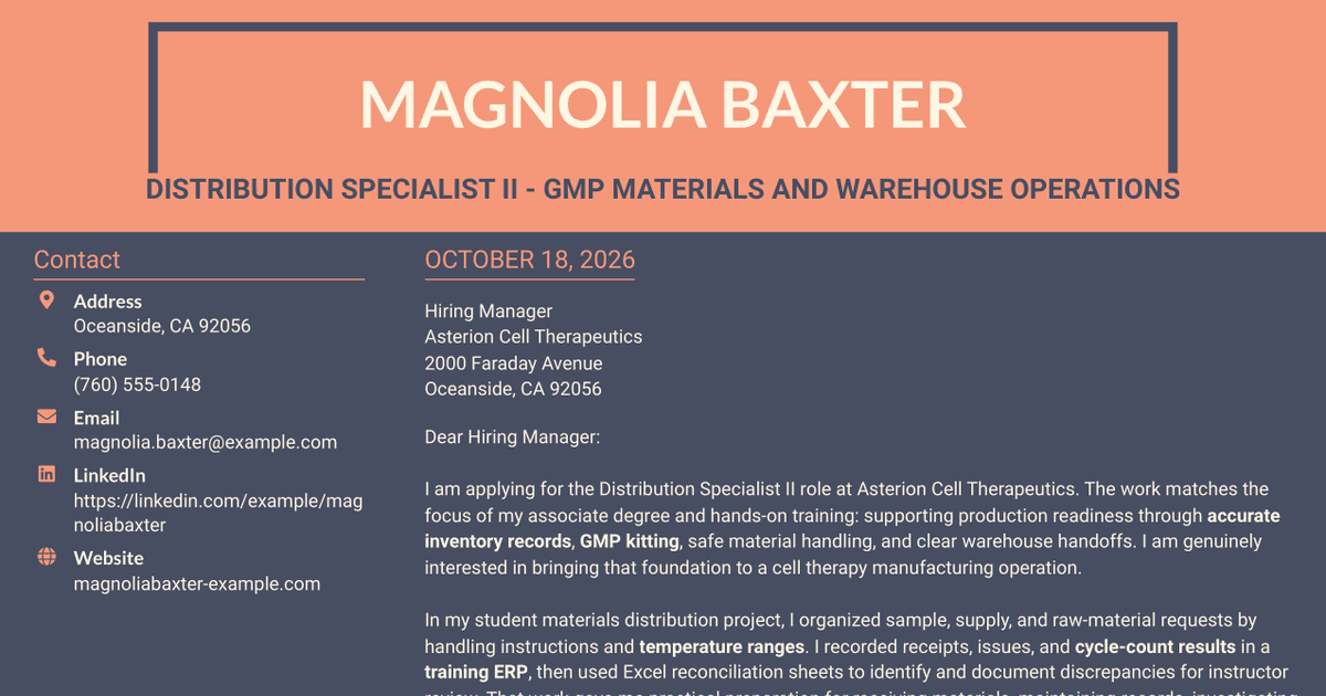 7 Distribution Specialist II - GMP Materials and Warehouse Operations Cover Letter Templates with Example
