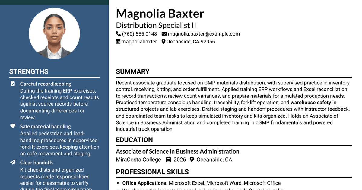 7 Distribution Specialist II - GMP Materials and Warehouse Operations Resume Templates with Example