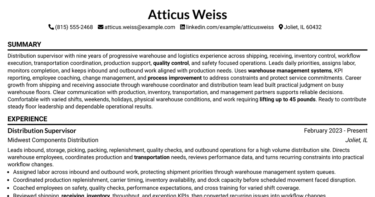 7 Distribution Supervisor - Distribution Operations Resume Templates with Example