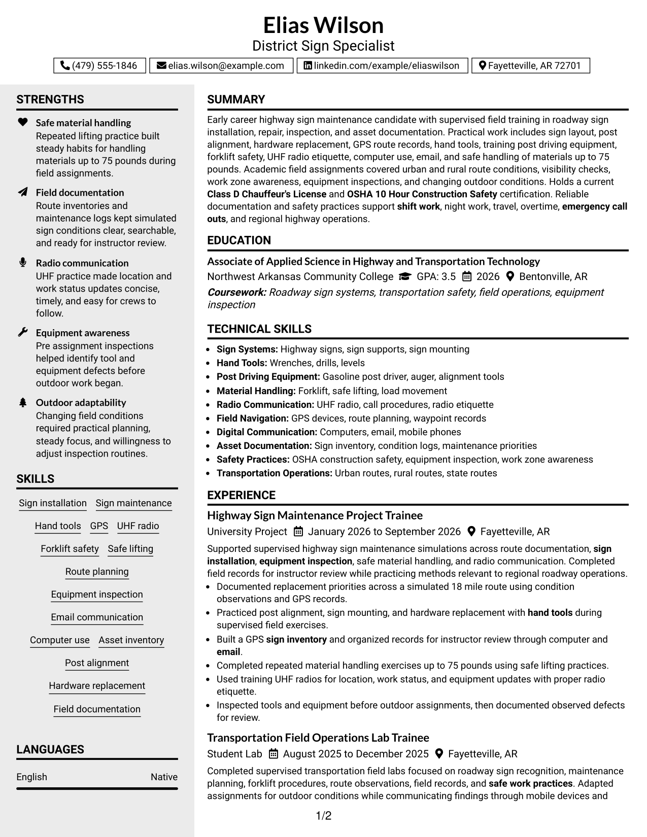 Resume Example Page 1