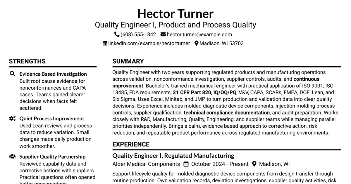 7 Division Quality Engineer I Resume Templates with Example