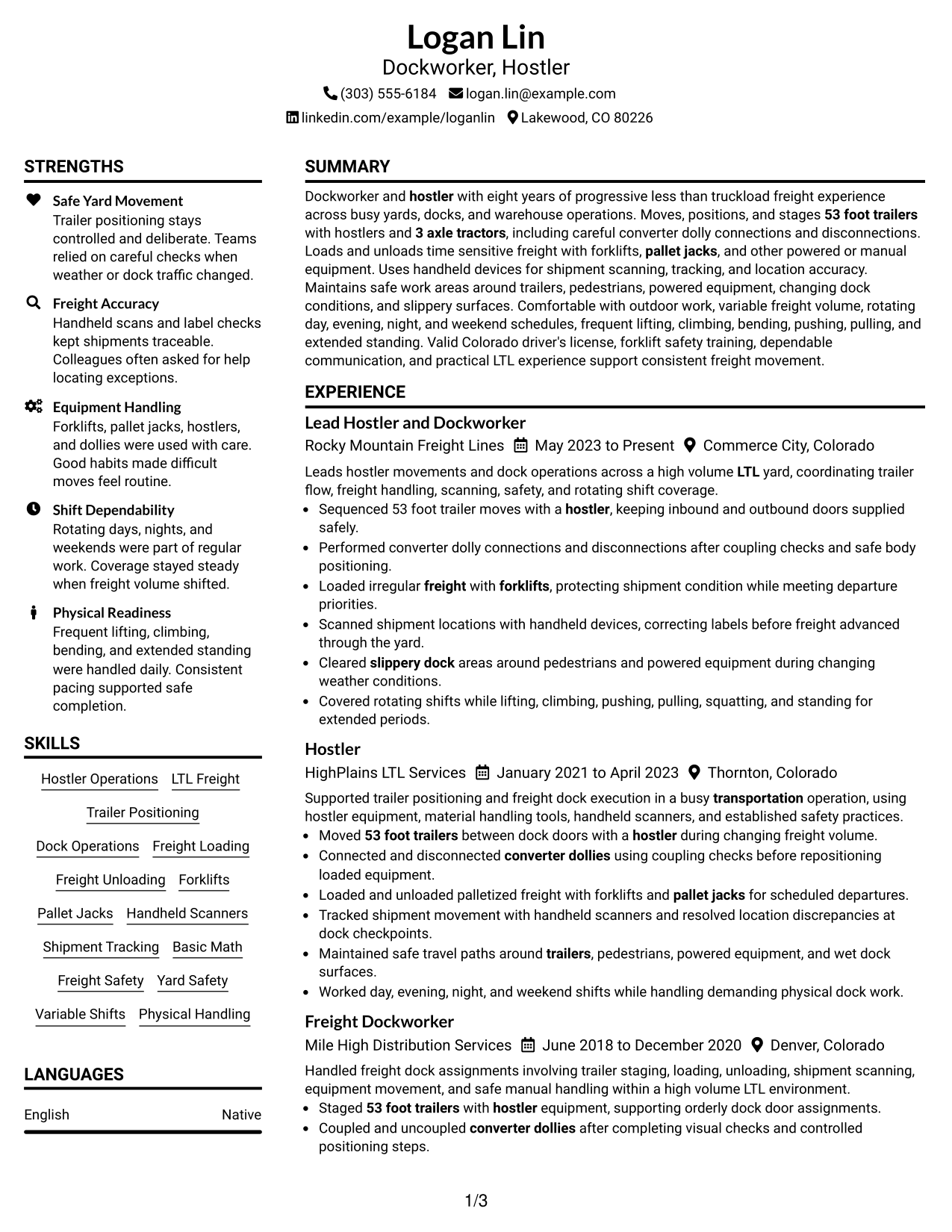 Resume Example Page 1