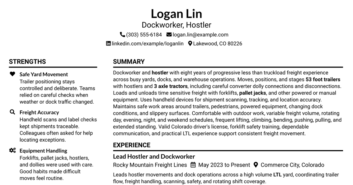 7 Dockworker (Hostler) Resume Templates with Example