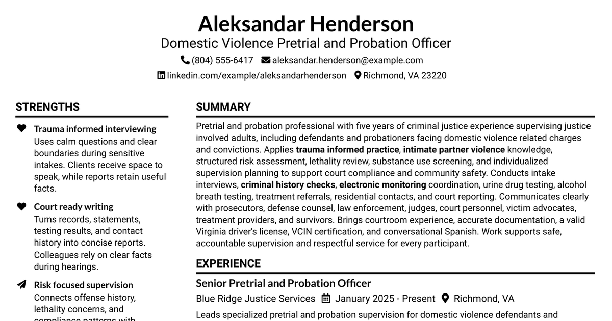 7 Domestic Violence Pretrial/Probation Officer Resume Templates with Example