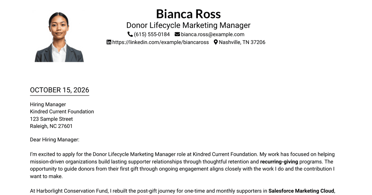 7 Donor Lifecycle Marketing Manager - Retention and Recurring Giving Cover Letter Templates with Example