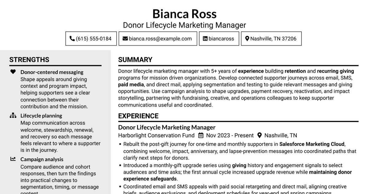 7 Donor Lifecycle Marketing Manager - Retention and Recurring Giving Resume Templates with Example