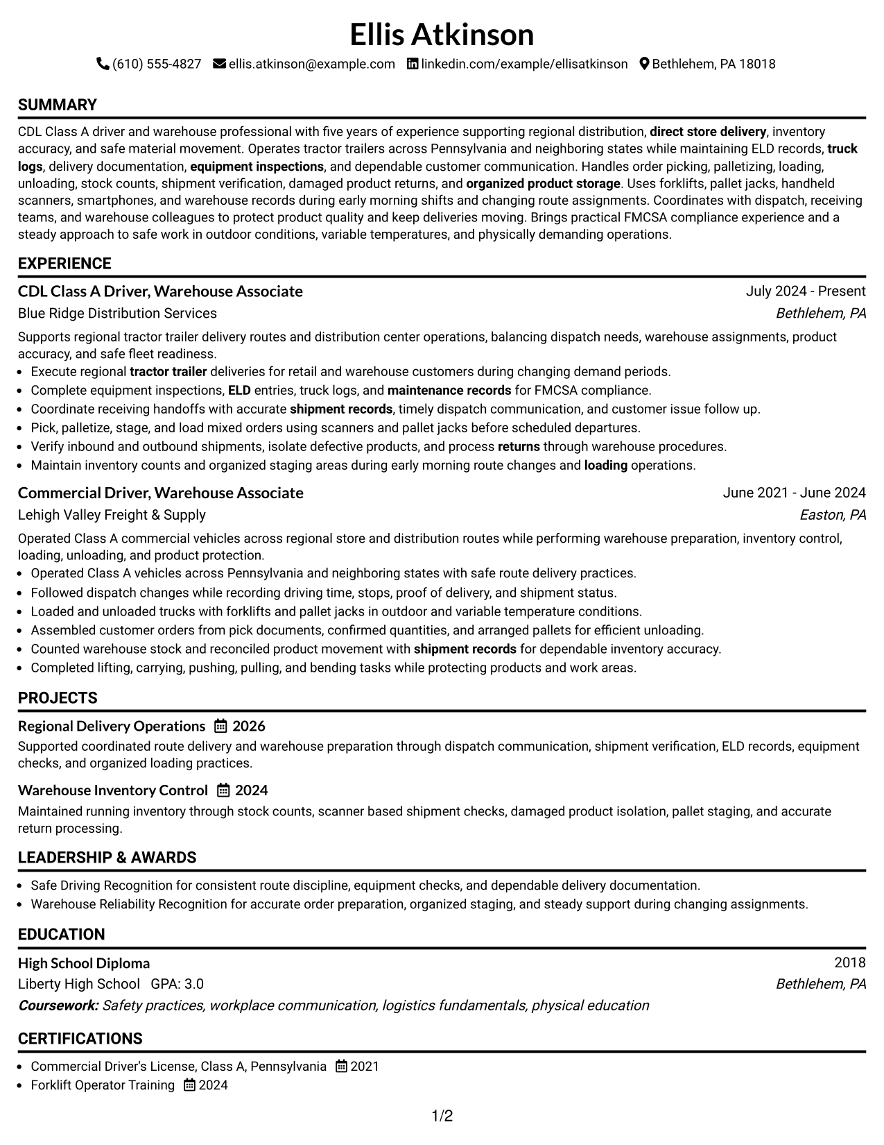 Resume Example Page 1