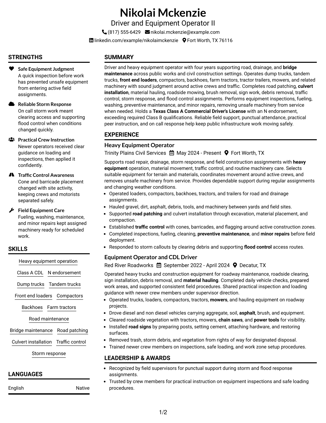 Resume Example Page 1