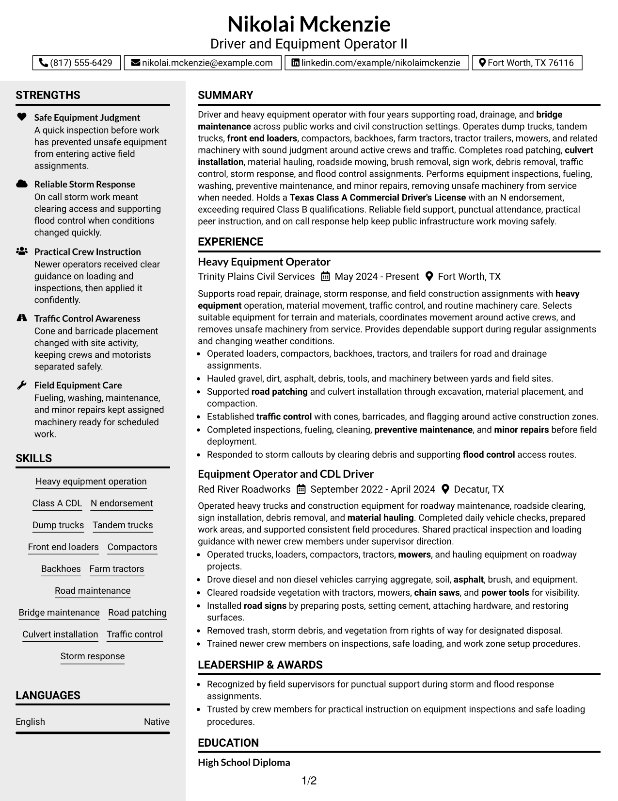 Resume Example Page 1