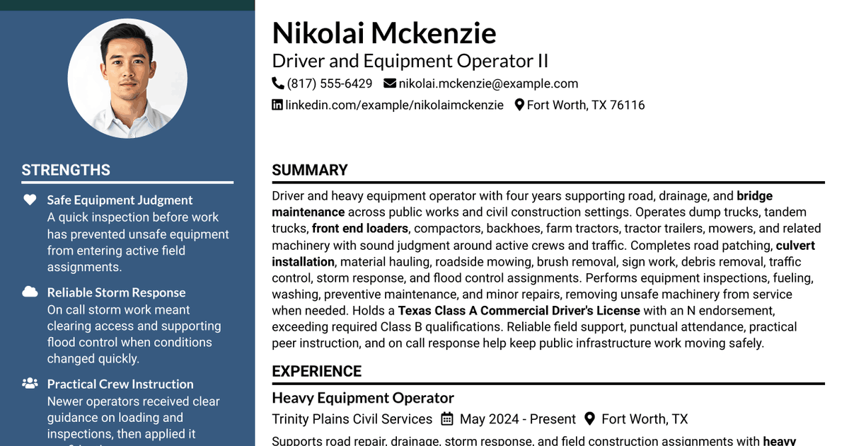 7 Driver/Equipment Operator II Resume Templates with Example