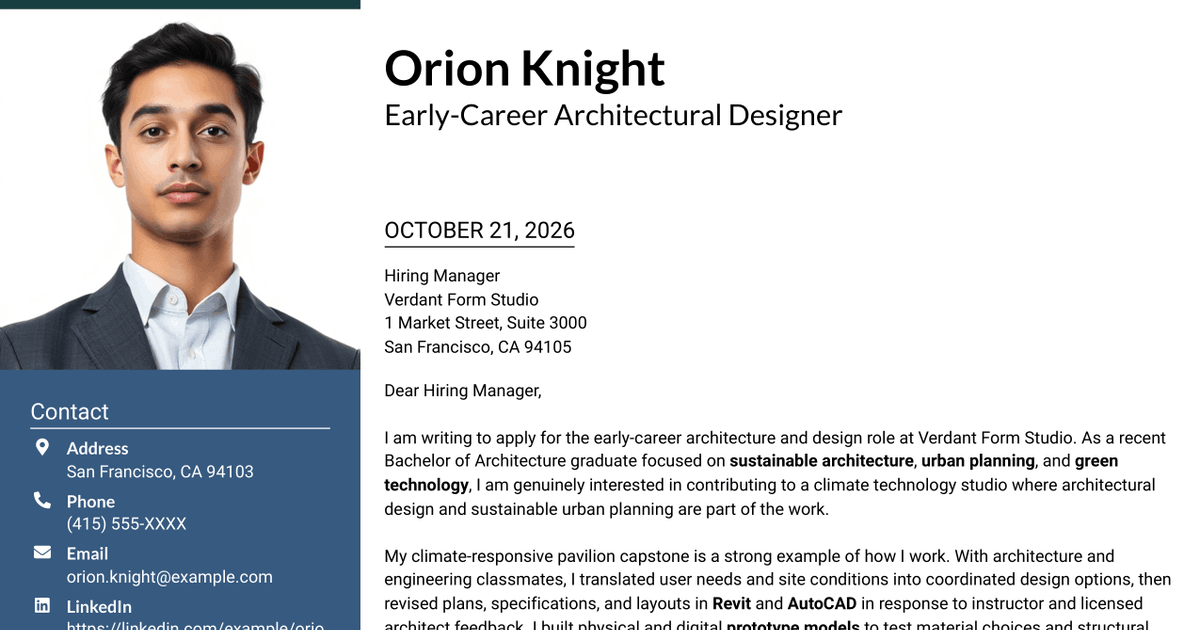 7 Early Career Architect or Designer - Sustainable Architecture Cover Letter Templates with Example