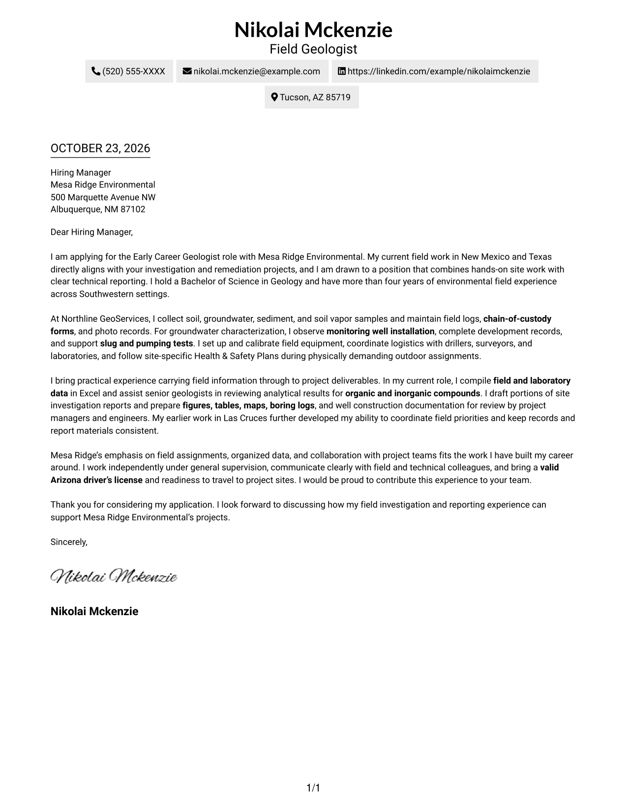 Cover letter example — page 1
