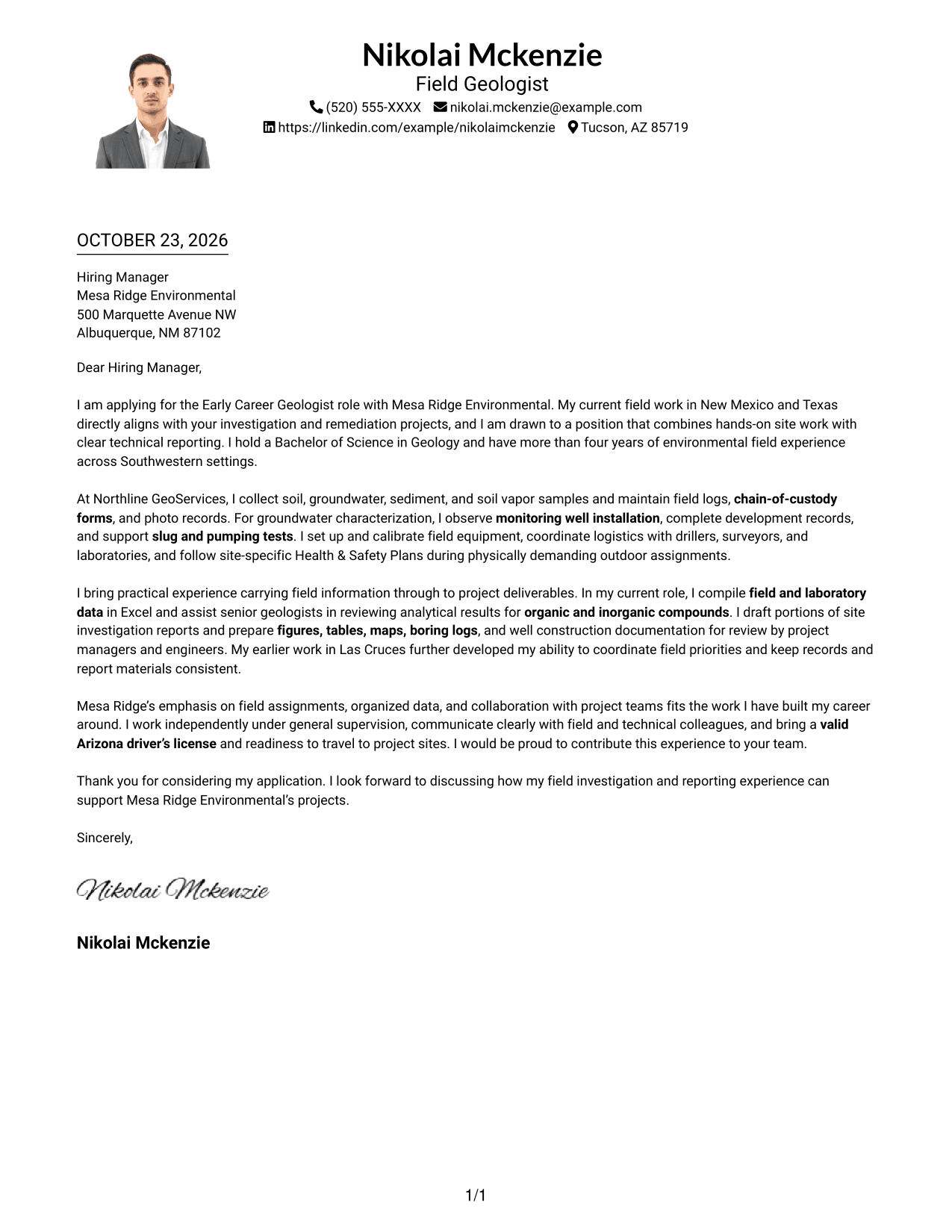 Cover letter example — page 1