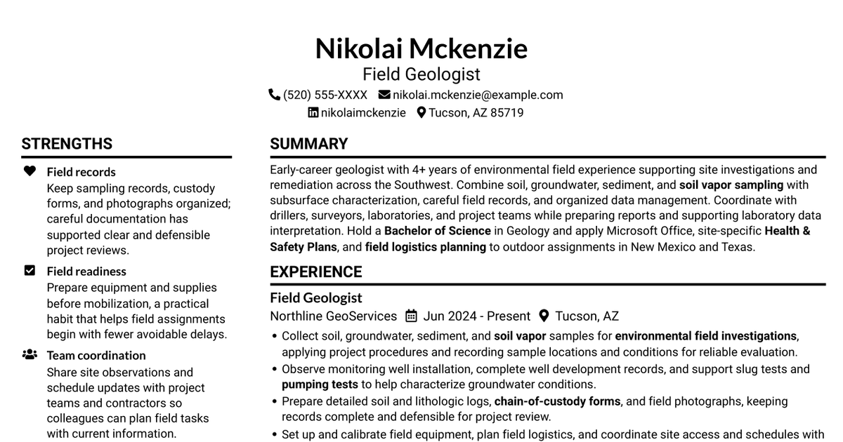 7 Early Career Geologist - Environmental Investigation and Remediation Resume Templates with Example
