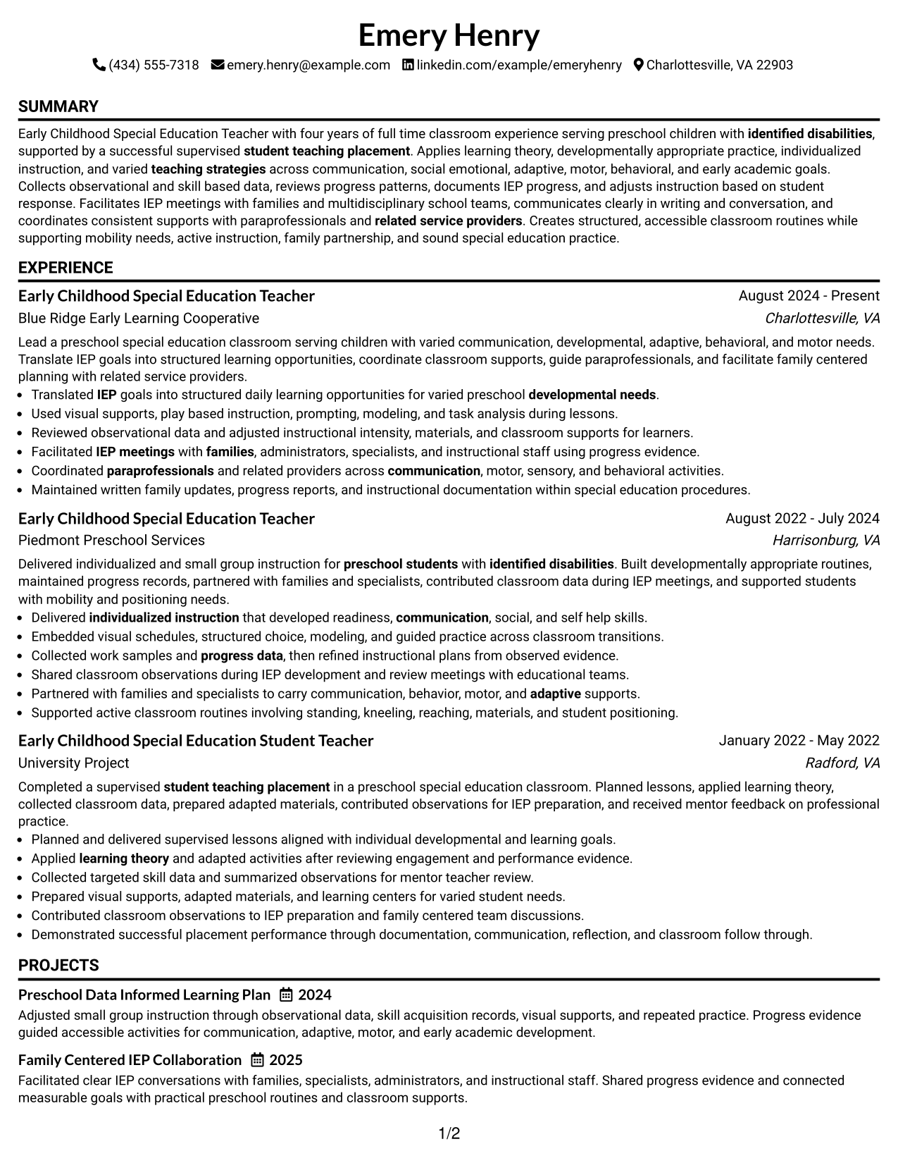 Resume Example Page 1