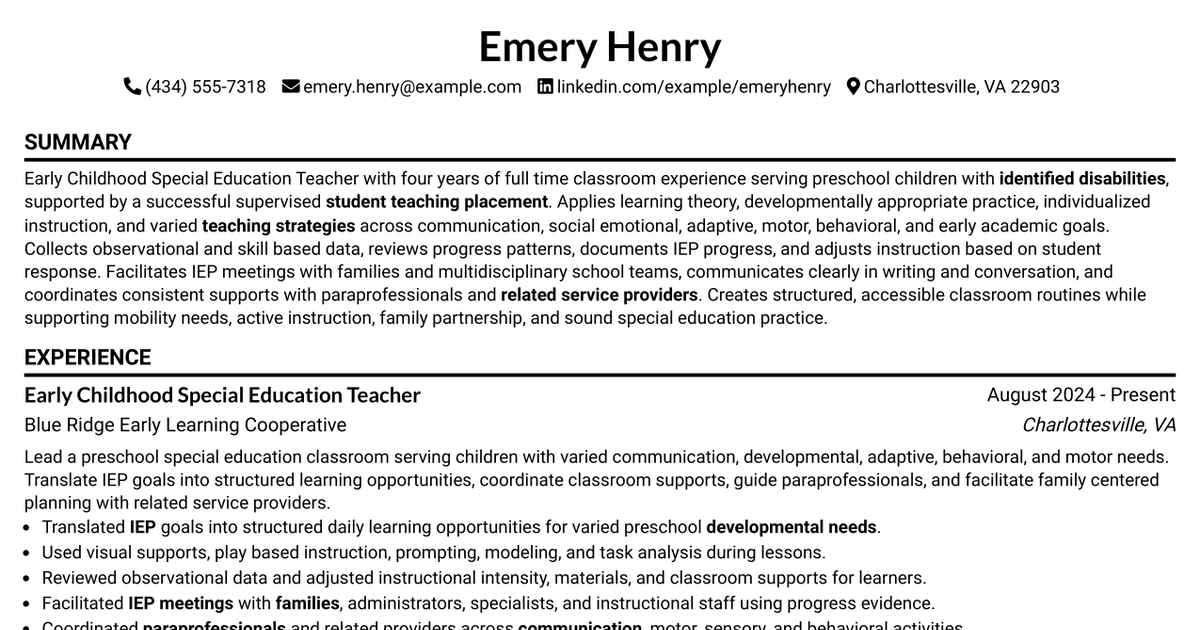 7 Early Childhood Special Education Teacher Resume Templates with Example