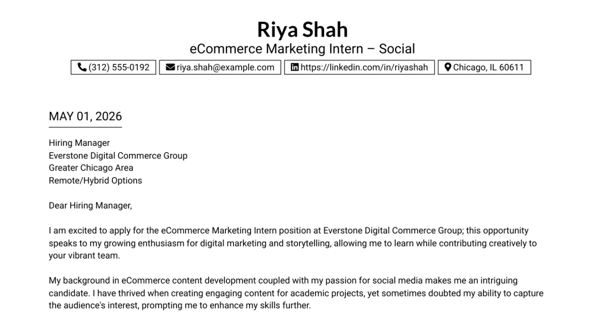 30+ eCommerce Marketing Internship Cover Letter Templates with Example 2026