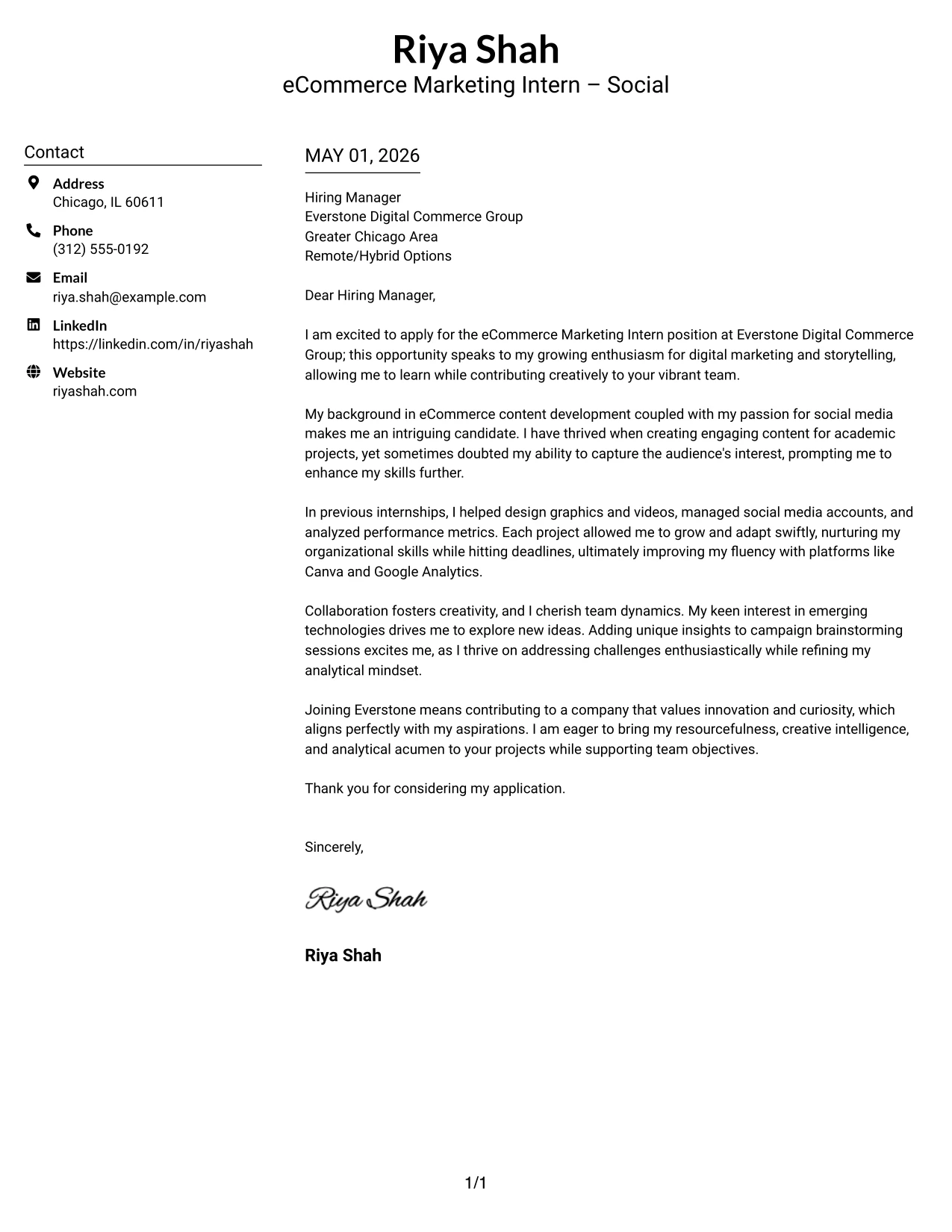 eCommerce Marketing Intern Cover Letter Example Centered Header Classic Two Column Format