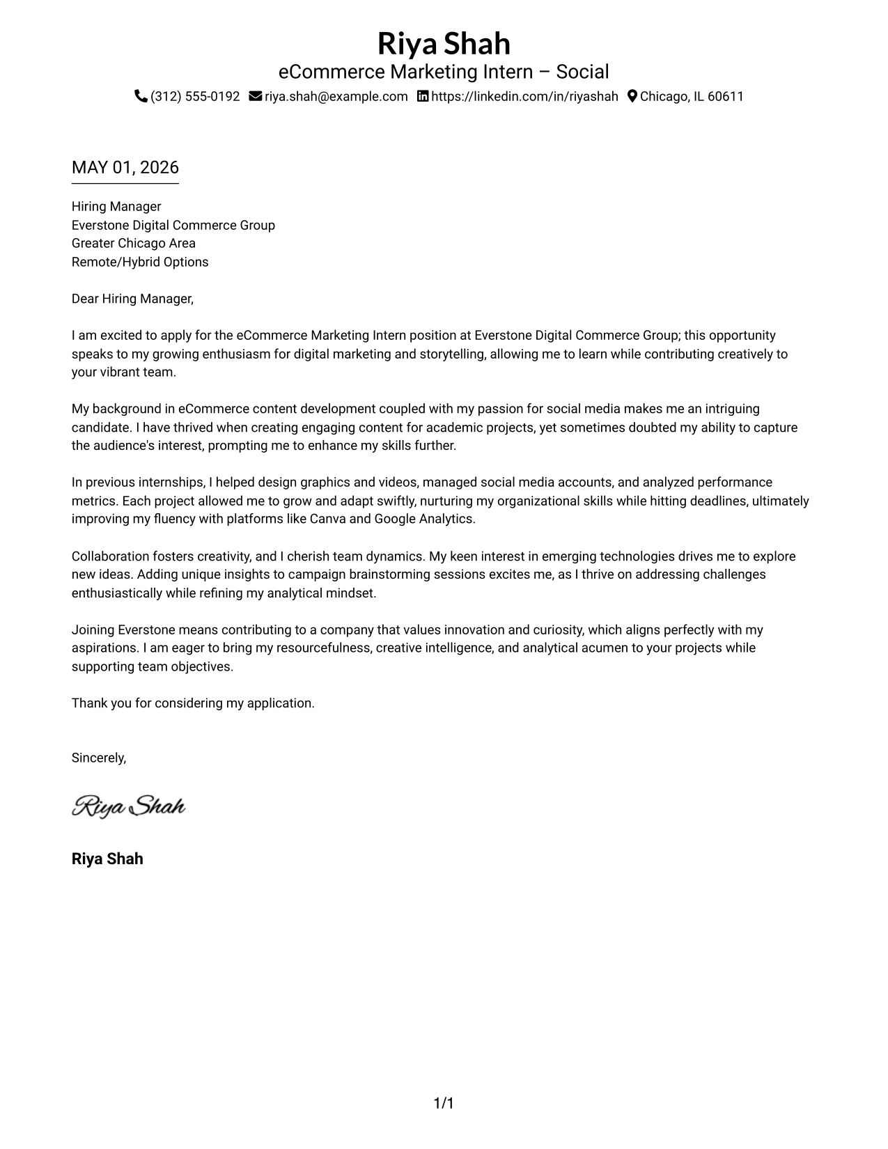 eCommerce Marketing Intern Cover Letter Example Simple One Column Format